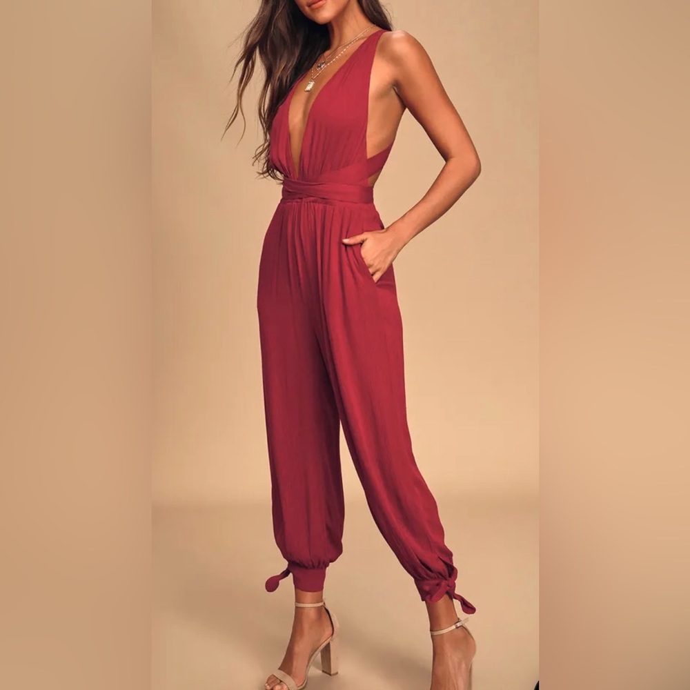 Lolinda Berry Red Convertible Halter Jumpsuit